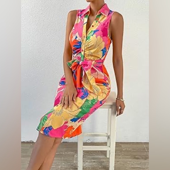 Amazon Vibrant Tropical Floral Sleeveless Button-Down Midi Dress with Waist Tie - Picture 5 of 5